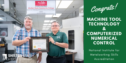Congrats Machine Tool Technology & Computerized Numerical Control. Image of two teachers holding accreditation certificate